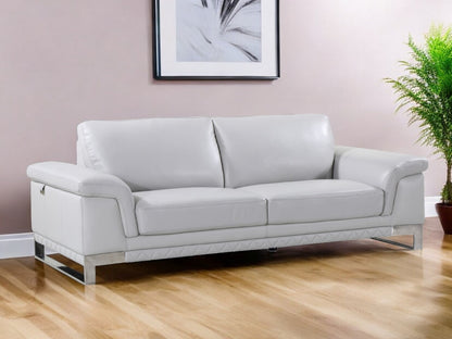 90" Light Gray Italian Leather Sofa With Silver Legs