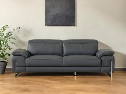 87" Dark Gray Italian Leather Sofa With Silver Legs