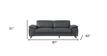 87" Dark Gray Italian Leather Sofa With Silver Legs