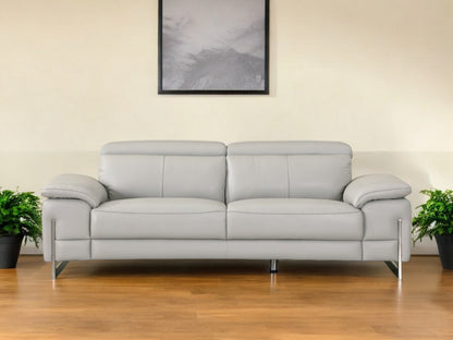 87" Light Gray Italian Leather Sofa With Silver Legs