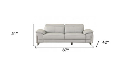 87" Light Gray Italian Leather Sofa With Silver Legs