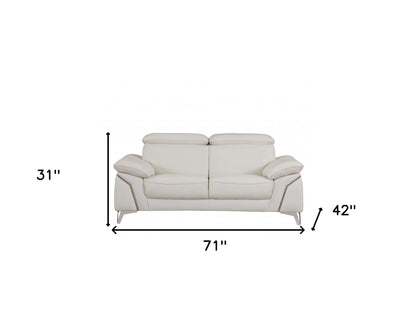 71" White Italian Leather Sofa With Silver Legs