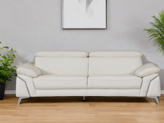 87" White Italian Leather Sofa With Silver Legs