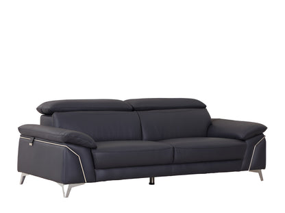 87" Blue Italian Leather Sofa With Silver Legs