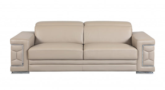 89" Beige Italian Leather Sofa With Silver Legs