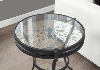 24" Black And Clear Glass And Metal Round End Table With Shelf