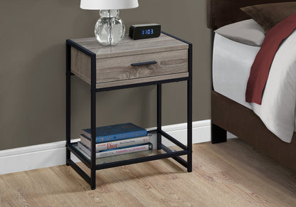 22" Black Glass And Metal End Table With Drawer And Shelf