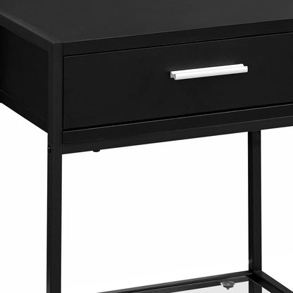 22" Black Glass And Metal End Table With Drawer And Shelf