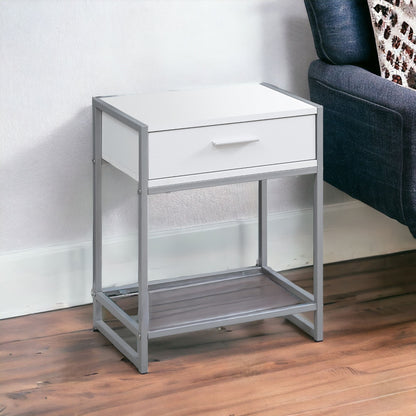 22" Black Glass And Metal End Table With Drawer And Shelf