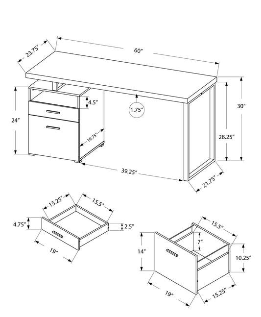 Bureau d'ordinateur taupe et argent de 24 po avec deux tiroirs