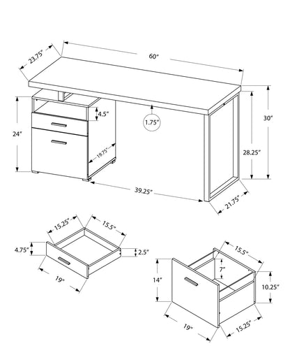 Bureau d'ordinateur taupe et argent de 24 po avec deux tiroirs