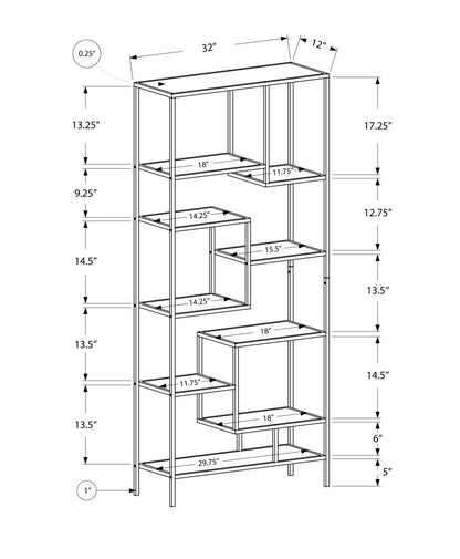 Bibliothèque à neuf niveaux en métal blanc et verre de 72 po