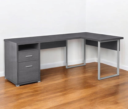 Bureau d'ordinateur en L gris et argent de 47 po avec deux tiroirs