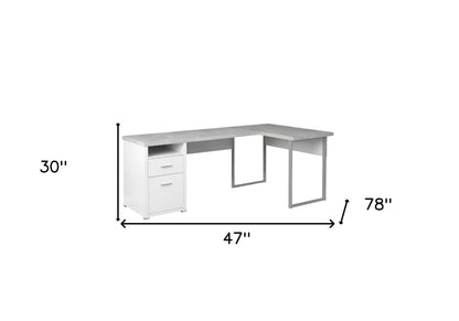 Bureau d'ordinateur en L gris et argent de 47 po avec deux tiroirs