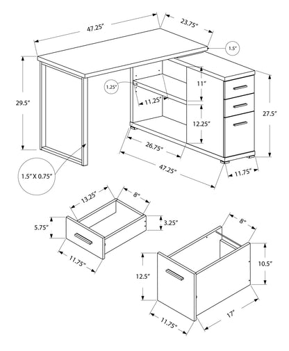 Bureau d'ordinateur en L gris et noir de 47 po avec trois tiroirs