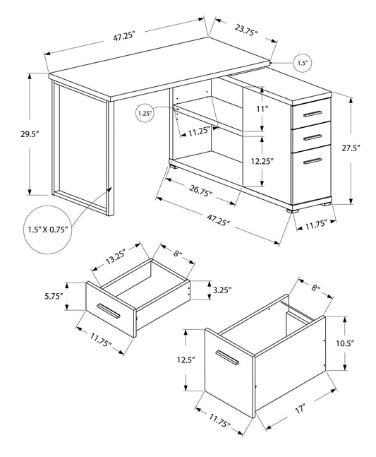 Bureau d'ordinateur en L gris et noir de 47 po avec trois tiroirs