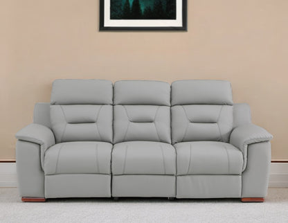 90" Gray Faux Leather Reclining Sofa With Brown Legs