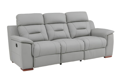 90" Gray Faux Leather Reclining Sofa With Brown Legs