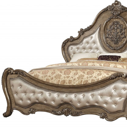 Oak and Bronze Solid Wood King Tufted Upholstered Faux Leather Bed Frame with Nailhead Trim