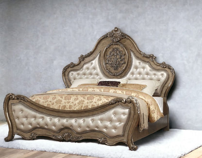 Oak and Bronze Solid Wood King Tufted Upholstered Faux Leather Bed Frame with Nailhead Trim