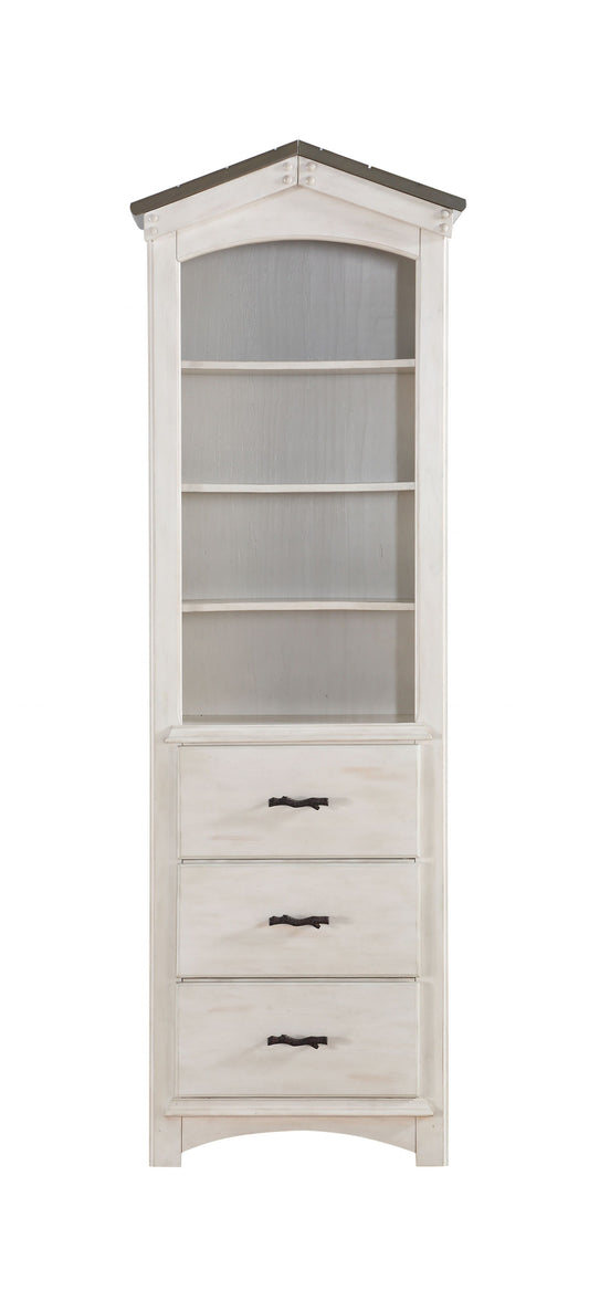 Bibliothèque de style avocat en bois massif gris et blanc de 78 po avec quatre niveaux et trois tiroirs