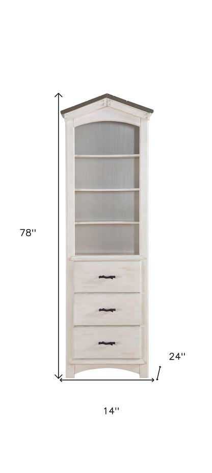 Bibliothèque de style avocat en bois massif gris et blanc de 78 po avec quatre niveaux et trois tiroirs