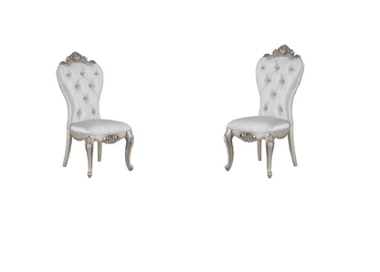 Set of Two Cream And Antiqued White Upholstered Fabric Queen Anne Back Dining Side Chairs