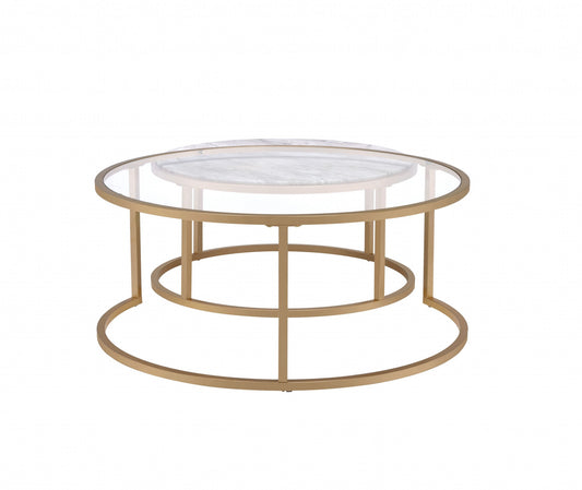 Ensemble de deux tables basses rondes gigognes en verre blanc et doré transparent de 36 po en faux marbre et fer