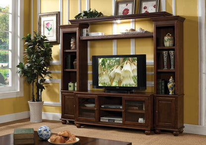 58" Brown Enclosed And Open Storage Wood And Glass TV Stand