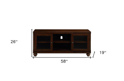 58" Brown Enclosed And Open Storage Wood And Glass TV Stand