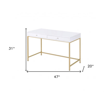 Bureau d'ordinateur blanc et doré de 47 po avec deux tiroirs