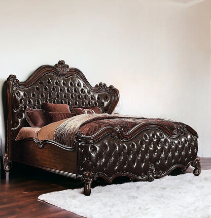 King Tufted Dark Brown Upholstered Faux Leather Bed With Nailhead Trim