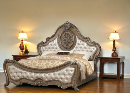 Oak and Bronze Solid Wood King Tufted Upholstered Faux Leather Bed Frame with Nailhead Trim