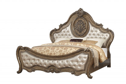 Oak and Bronze Solid Wood King Tufted Upholstered Faux Leather Bed Frame with Nailhead Trim