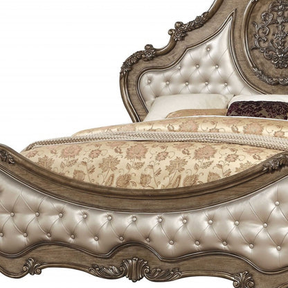 Oak and Bronze Solid Wood King Tufted Upholstered Faux Leather Bed Frame with Nailhead Trim