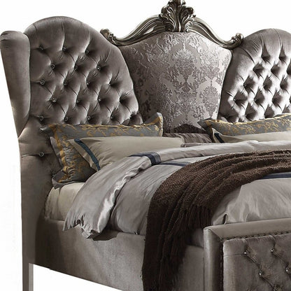 King Tufted Gray And Gray and Black Upholstered Velvet Bed With Nailhead Trim