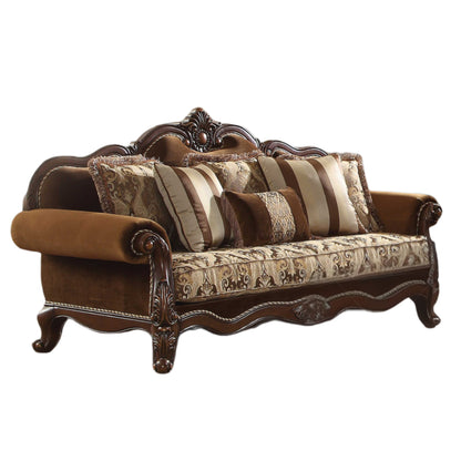 37" Oak Velvet Floral Sofa And Toss Pillows With Espresso Legs