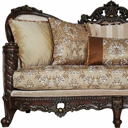 39" Beige Floral Sofa And Toss Pillows With Dark Brown Legs