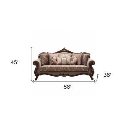 88" Beige Velvet Floral Sofa And Toss Pillows With Brown Legs