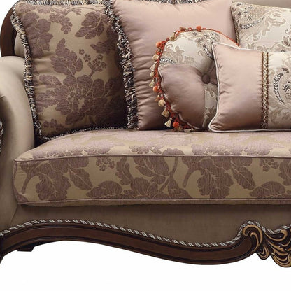 88" Beige Velvet Floral Sofa And Toss Pillows With Brown Legs