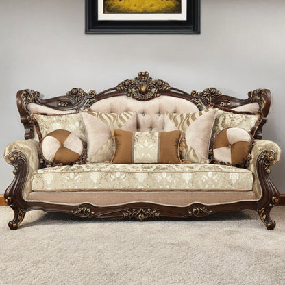 42" Beige Polyester Blend Curved Damask Sofa And Toss Pillows With Brown Legs