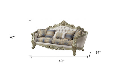 40" Antiqued White Velvet Curved Floral Sofa And Toss Pillows With Champagne Legs