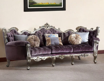 52" Dark Purple Velvet Curved Striped Sofa And Toss Pillows With Platinum Legs