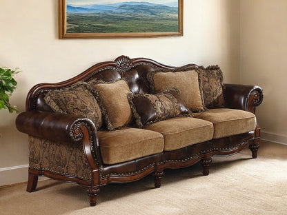 37" Brown Faux Leather and Chenille Sofa And Toss Pillows With Dark Brown Legs