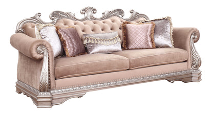 42" Rosegold Velvet Sofa And Toss Pillows With Silver Legs