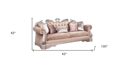 42" Rosegold Velvet Sofa And Toss Pillows With Silver Legs