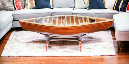 Table basse canoë en bois massif naturel et verre