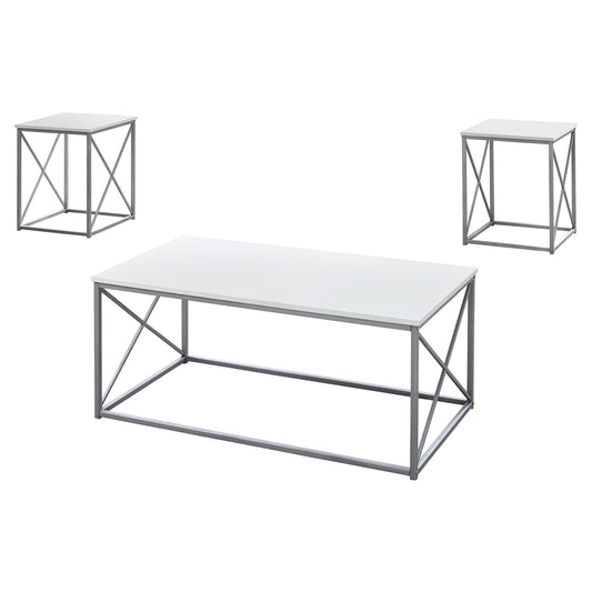 Ensemble de trois tables basses en métal blanc et argent de 42 po