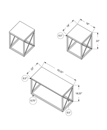 Ensemble de trois tables basses en métal blanc et argent de 42 po