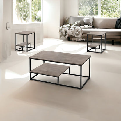 Ensemble de trois tables basses en métal taupe et noir de 42 po avec étagère